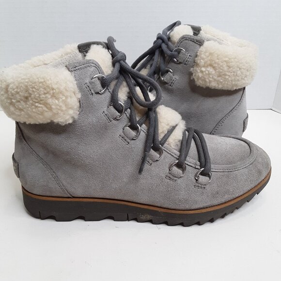 SOREL Women's Winter Ankle Boot size 6.5M Grey Suede Sherpa-Trimmed - Picture 1 of 11